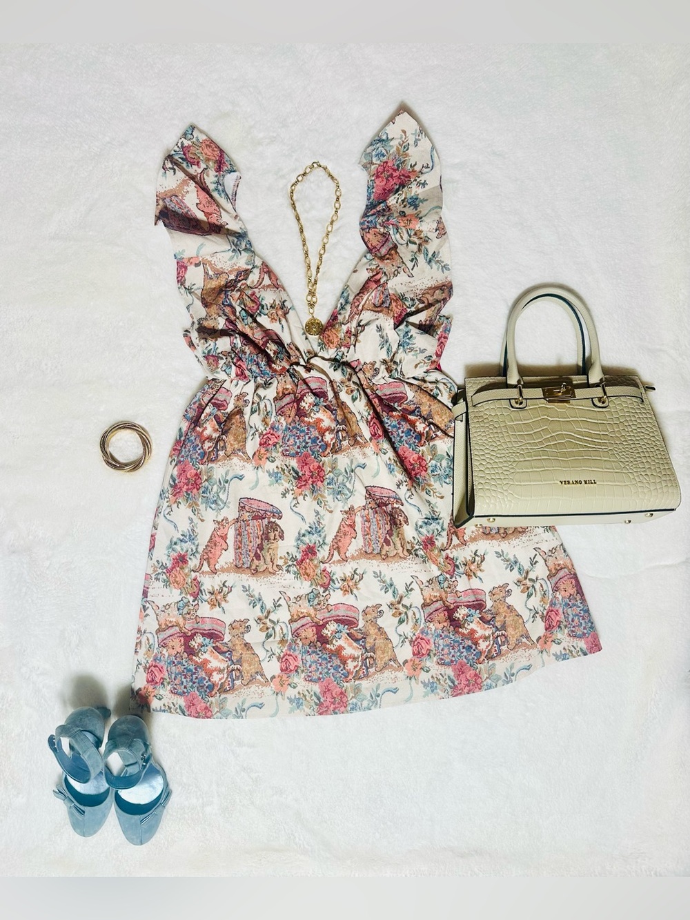 Floral Animal Printed V-Neck Sleeveless Ruffle Dress in Cream and Pink
